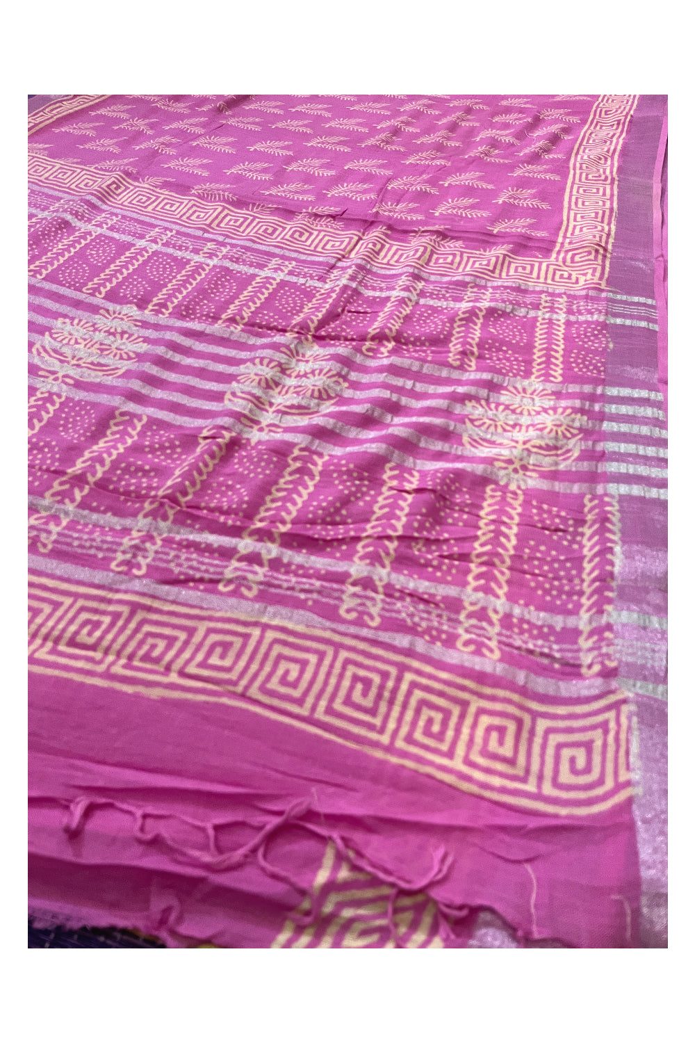 Southloom Linen Designer Pink Saree with White Prints and Tassels Works