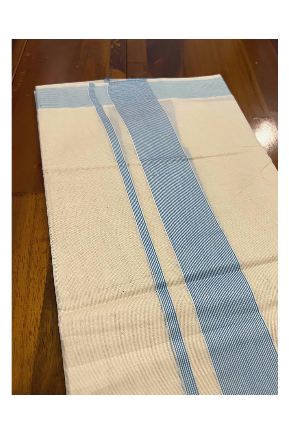 Off White Kerala Double Mundu with 2 inch Light Blue Line Border (South Indian Dhoti)