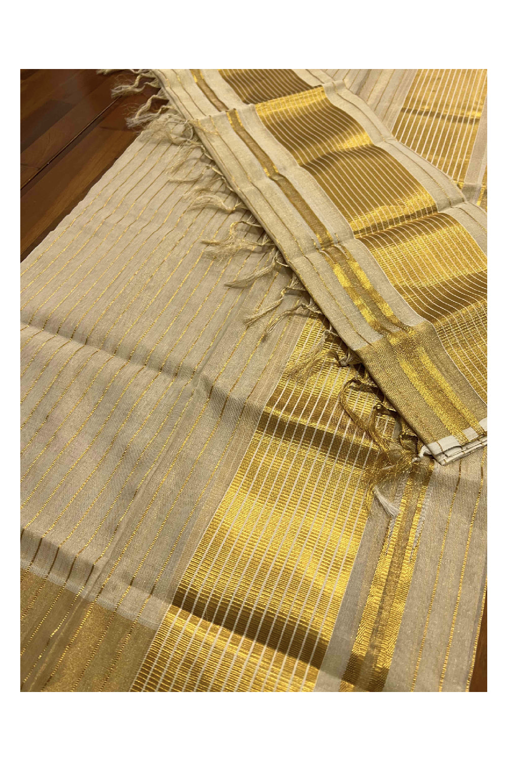 Southloom Handloom Tissue Premium Set Mundu with Kasavu Lines Across Body 2.80 Mtrs