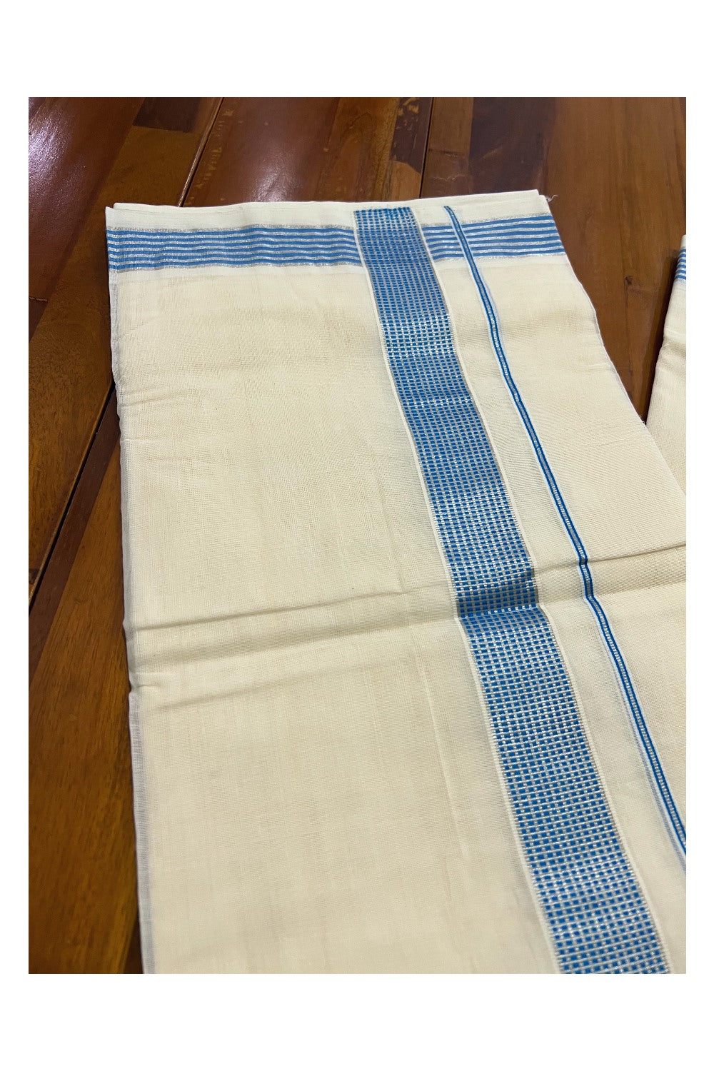 Southloom Kuthampully Handloom Pure Cotton Mundu with Silver Kasavu and Blue Border (South Indian Dhoti)