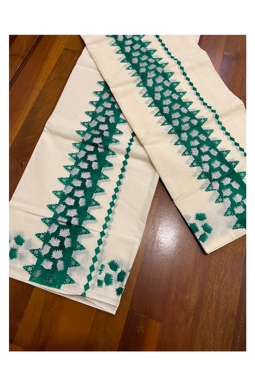 Kerala Cotton Single Set Mundu (Mundum Neriyathum) with Green Block Prints on Border