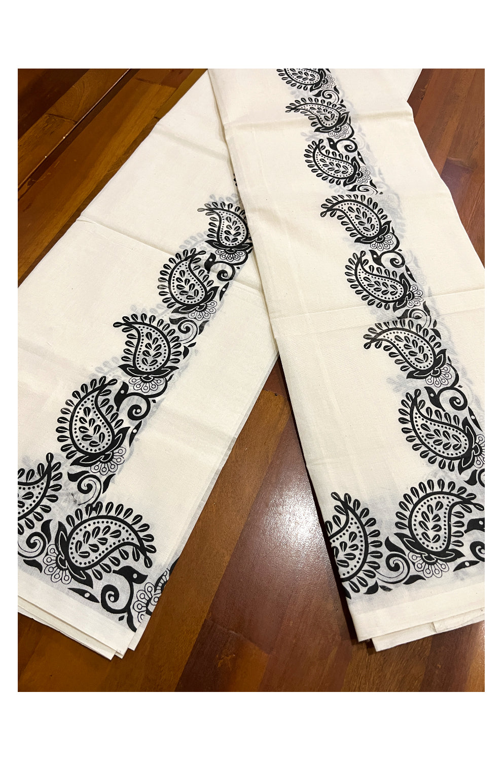 Kerala Cotton Set Mundu (Mundum Neriyathum) with Black Paisley Block Prints on Border 2.80 Mtrs