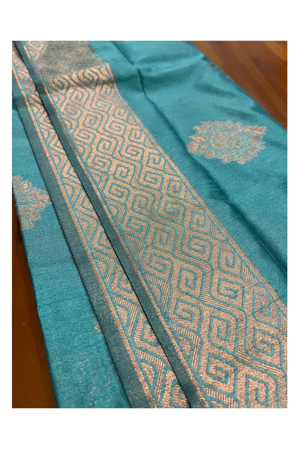 Southloom Turquoise Semi Silk Designer Saree with Copper Kasavu Woven Works on Body