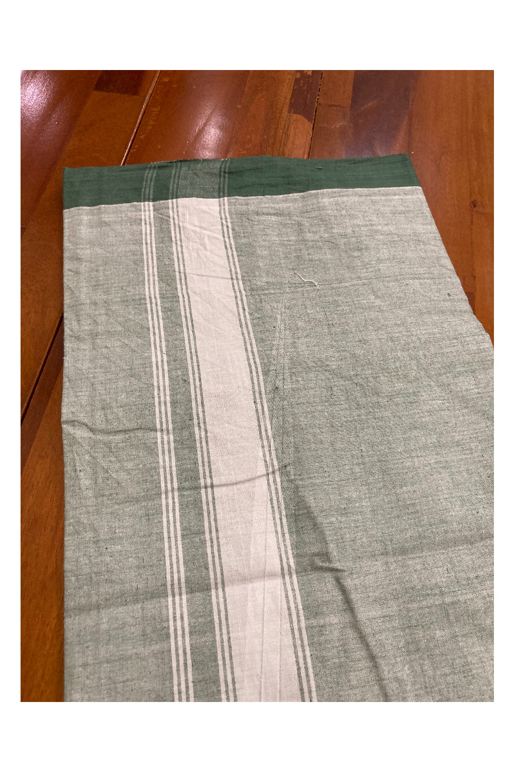 Southloom Premium Handloom Green Solid Single Mundu (Lungi) with White Border