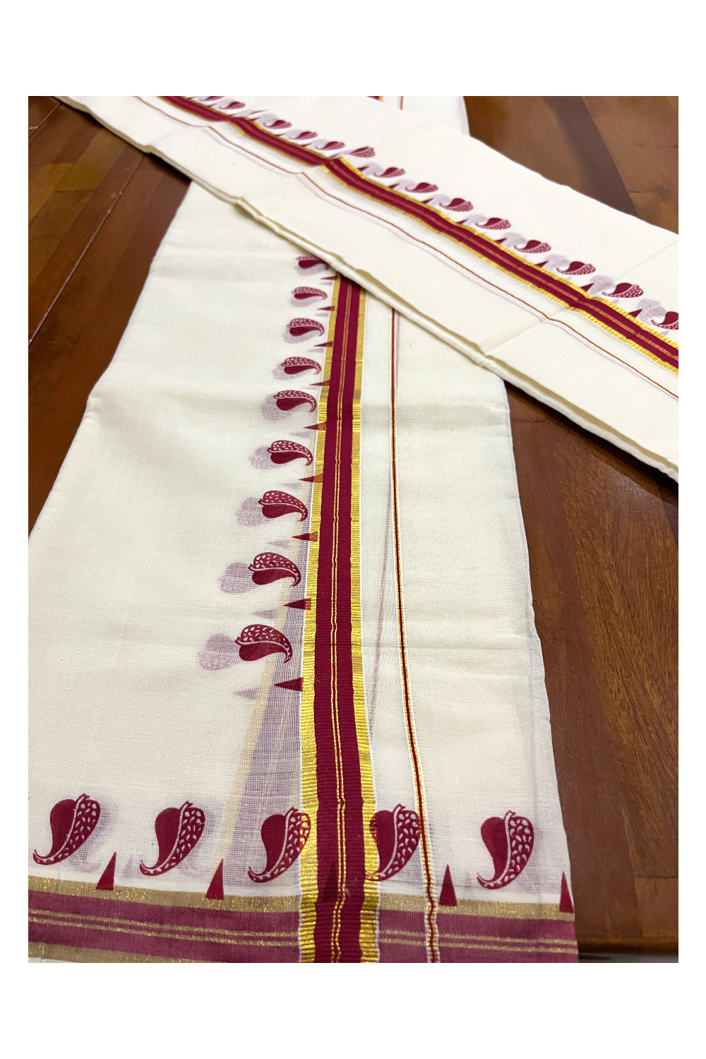 Kerala Cotton Single Kasavu Set Mundu (Mundum Neriyathum) with Red Block Prints on Border