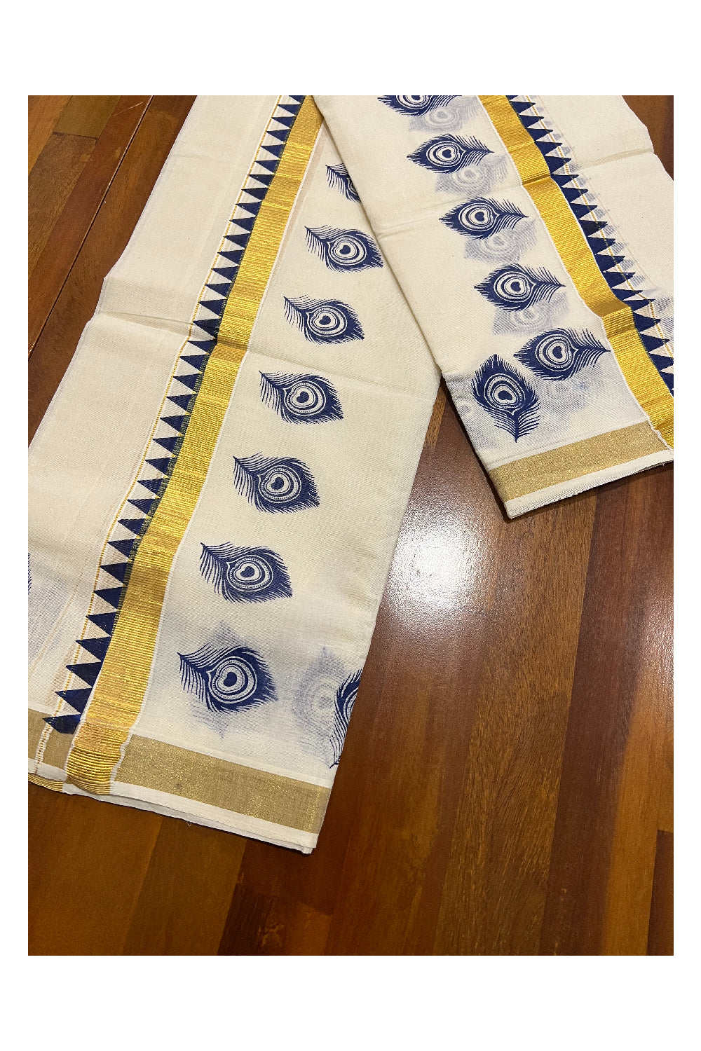 Cotton Kasavu Set Mundu (Mundum Neriyathum) with Dark Blue Block Feather Temple Prints on Border