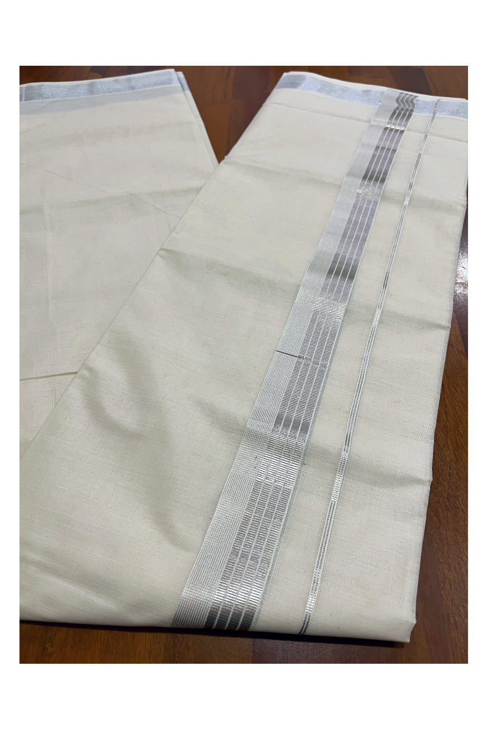 Pure Cotton Off White Mundu with Silver Kasavu Kara (South Indian Kerala Dhoti)