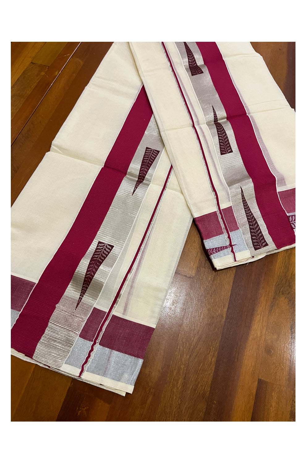 Pure Cotton SIlver Kasavu Single Set Mundu (Mundum Neriyathum Onam 2023) with Maroon Block Prints 2.80 Mtrs