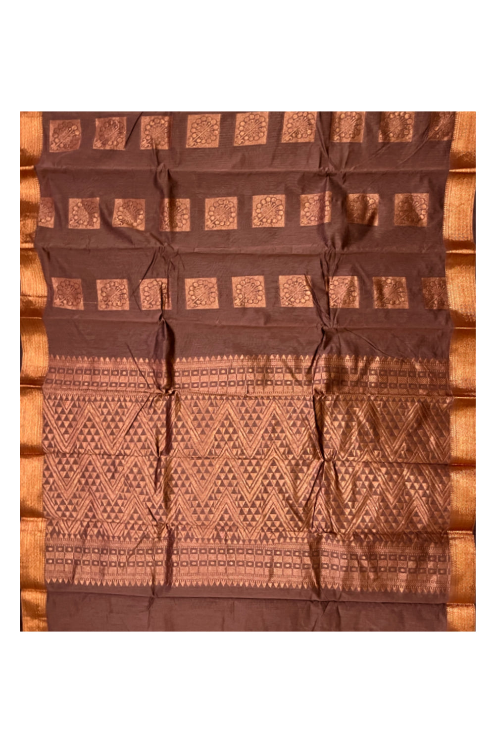 Southloom Cotton Silk Brown Designer Saree with Copper Zari Motifs