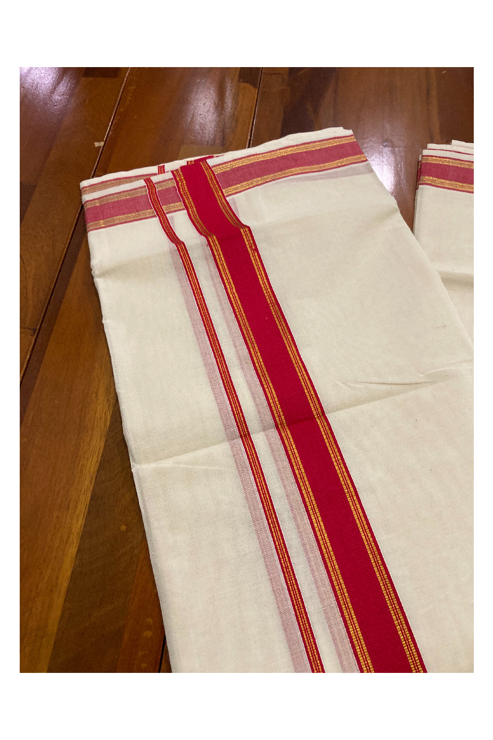 Off White Kerala Double Mundu with Kasavu and Red Border (South Indian Dhoti)