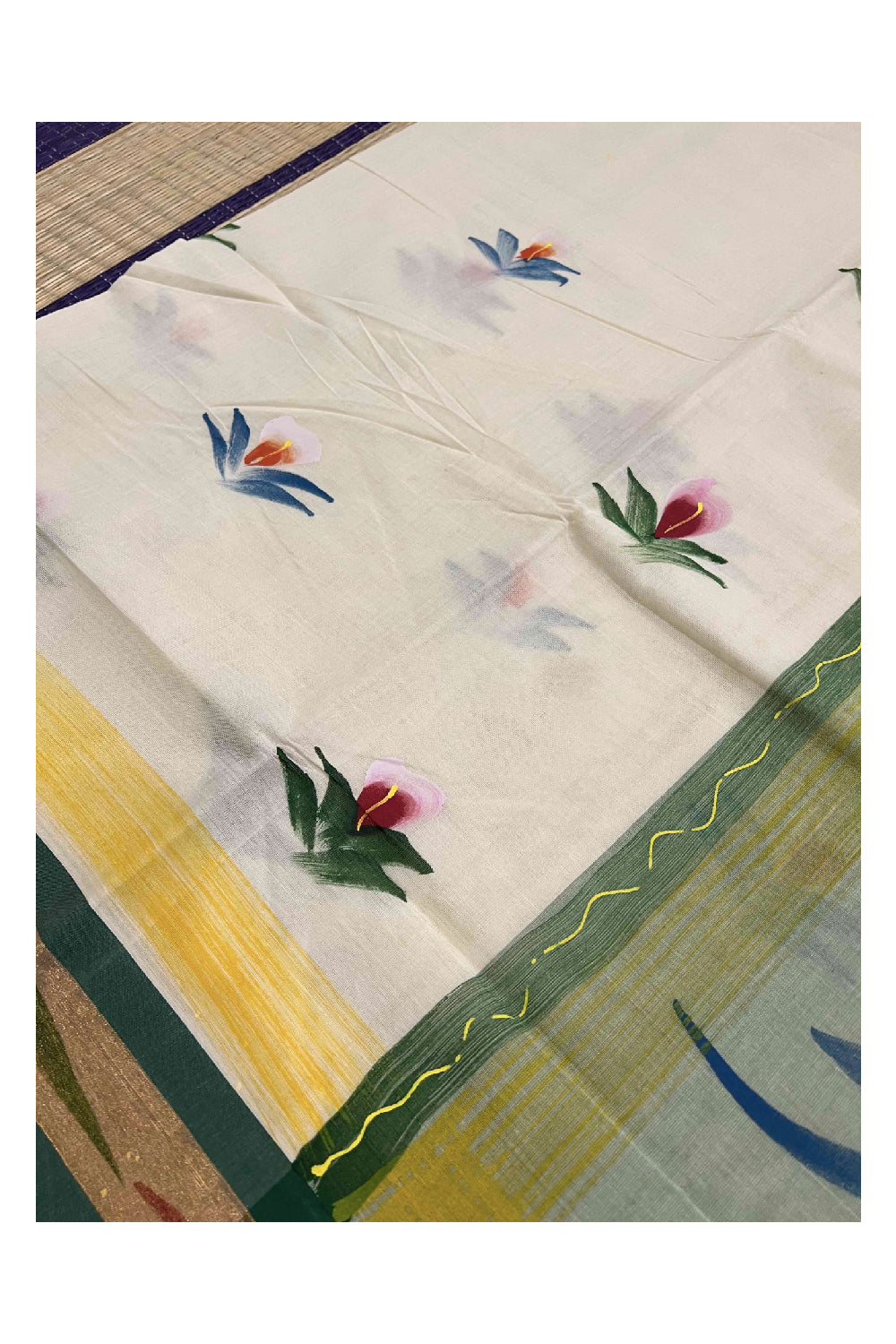 Southloom Dark Green Handpainted Mural Kerala Kasavu Saree with Floral Art