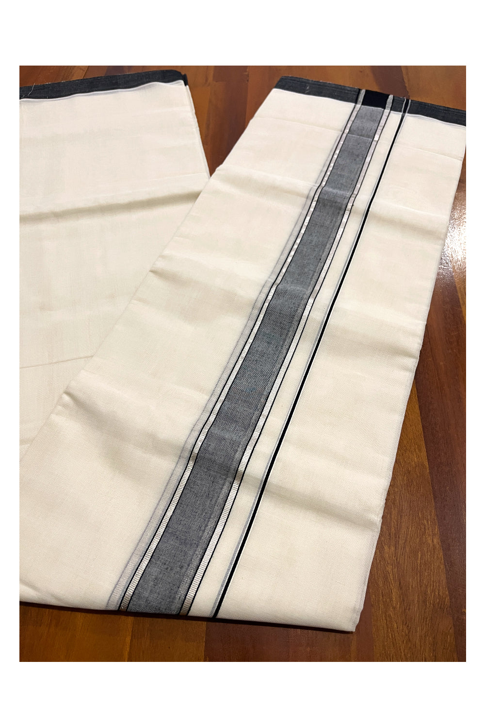 Southloom Premium Handloom Pure Cotton Mundu with Silver Kasavu and Black Border (South Indian Kerala Dhoti)