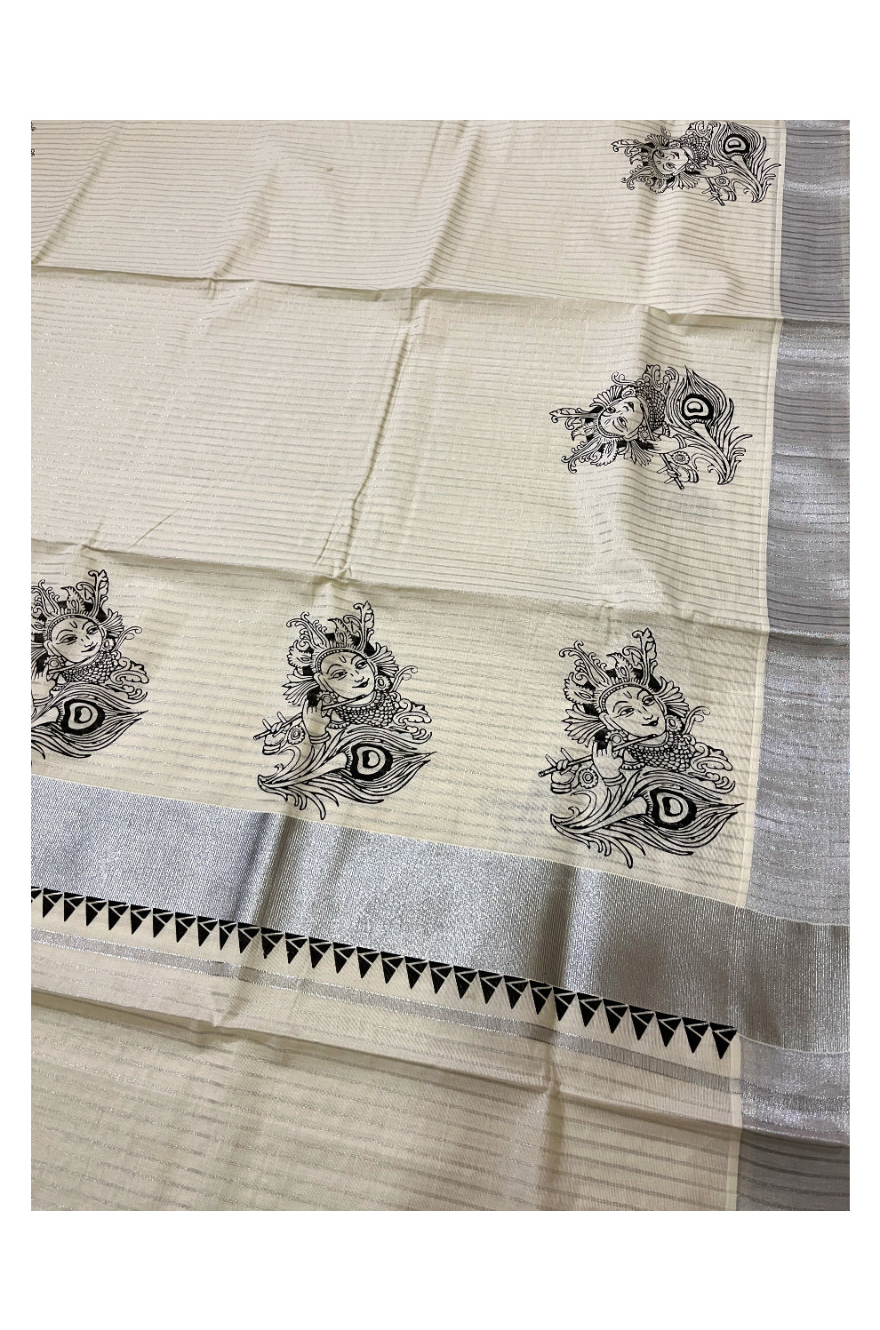 Southloom Silver Lines Design Saree with Black Krishna Block Prints (Vishu 2023 Saree)