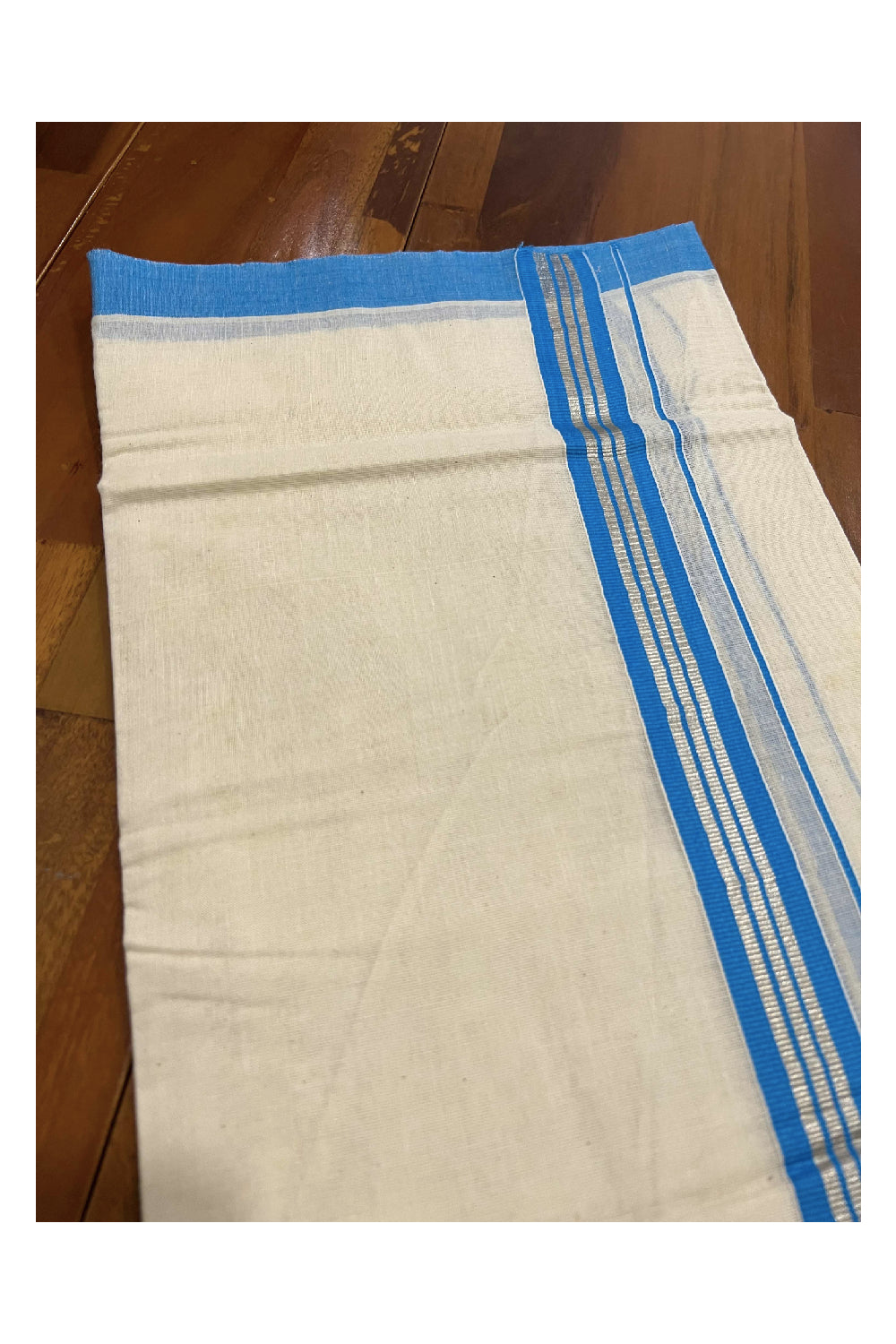 Off White Pure Cotton Double Mundu with SIlver Kasavu and Light Blue Kara (South Indian Dhoti)