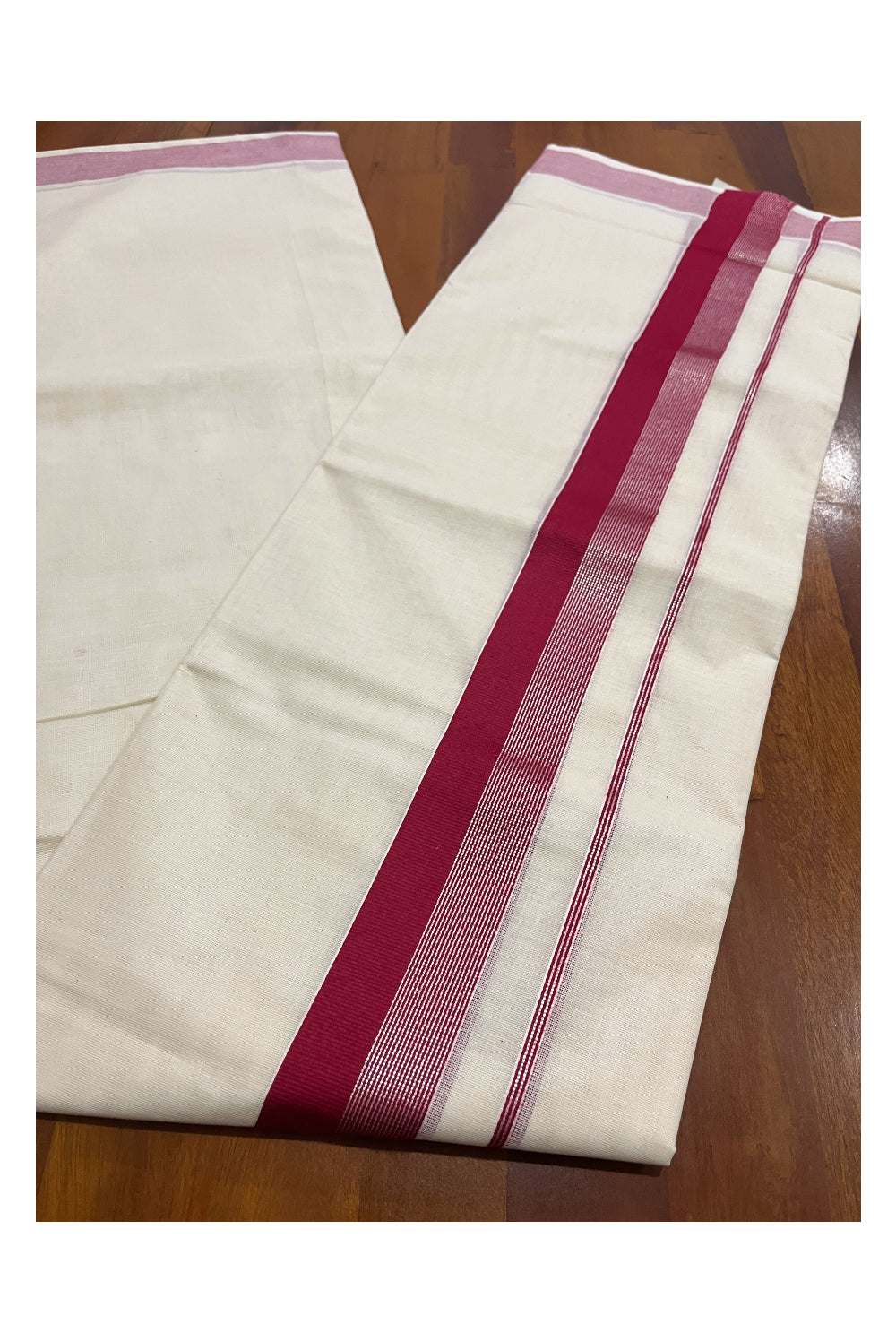 Pure Cotton Off White Double Mundu with Red and Silver Line Kara (South Indian Kerala Dhoti)