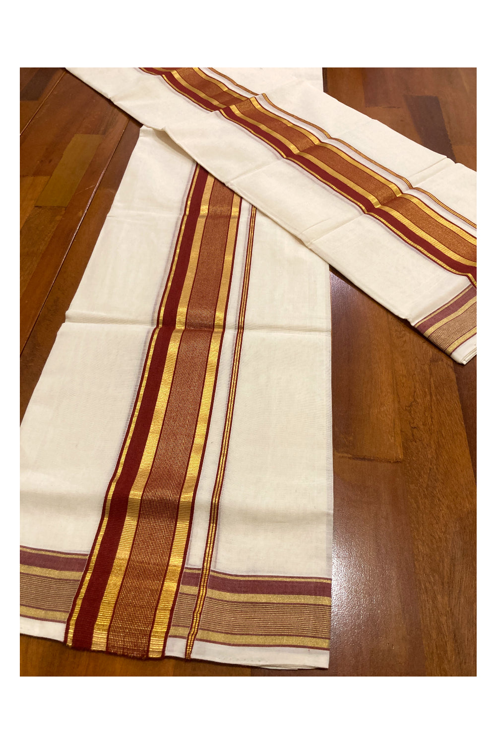 Southloom Premium Handloom Set Mundu with Kasavu and Maroon Line Border