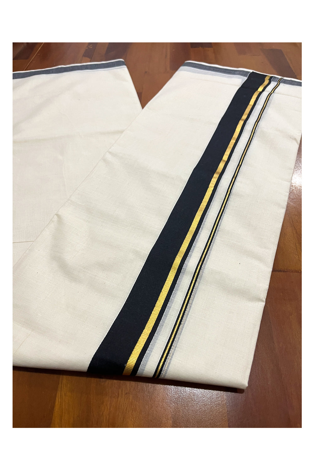 Pure Cotton Double Mundu with Black and Kasavu Kara (South Indian Dhoti)