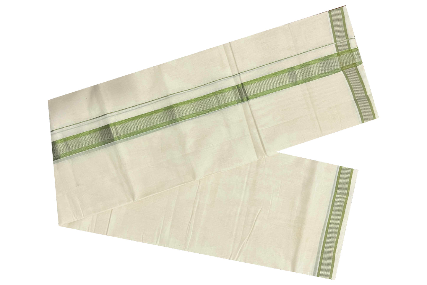 Southloom Kuthampully Pure Cotton Handloom Mundu with Silver and Green Kasavu Lines Border