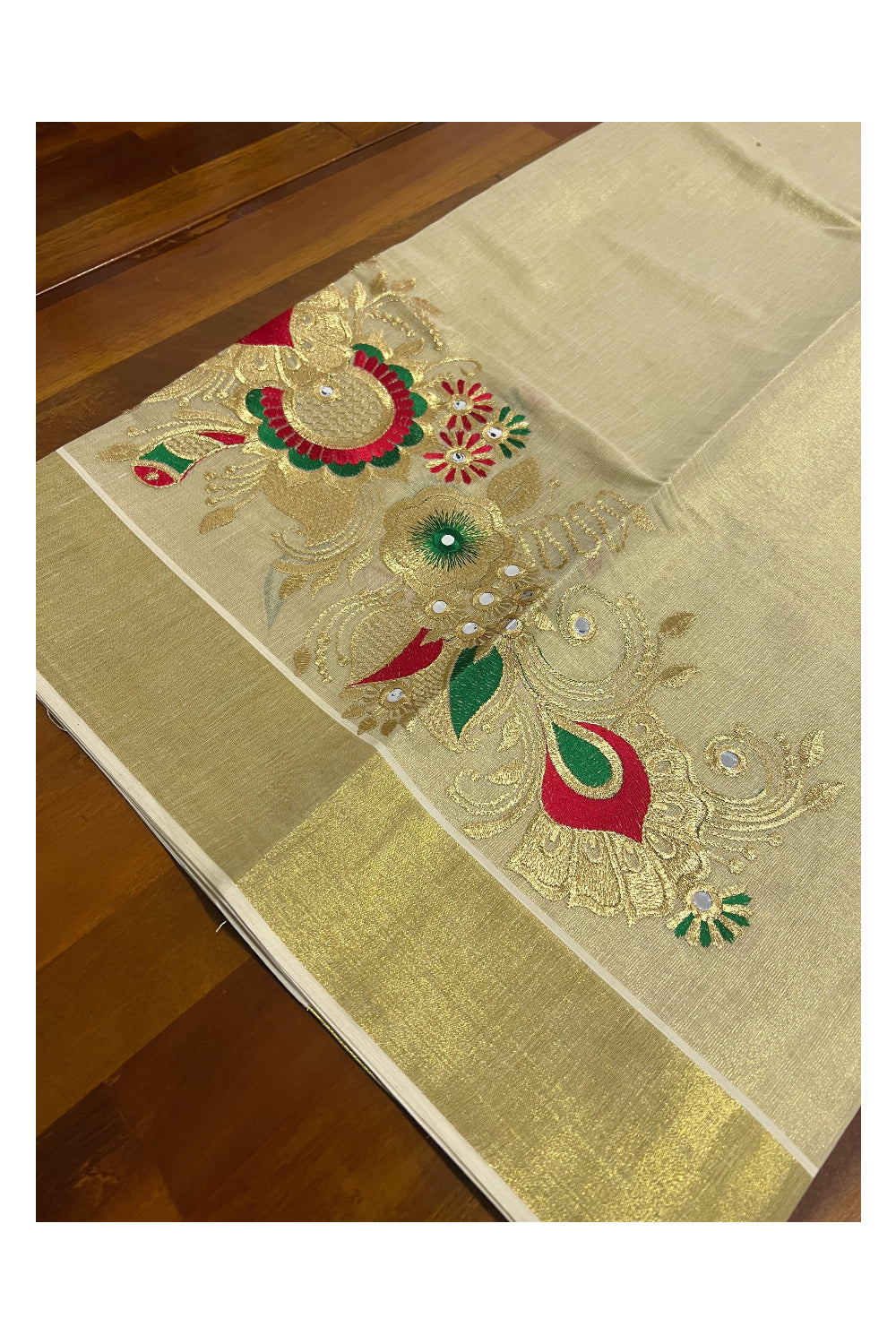 Kerala Tissue Kasavu Set Mundu (Mundum Neriyathum) with Floral Embroidery Work