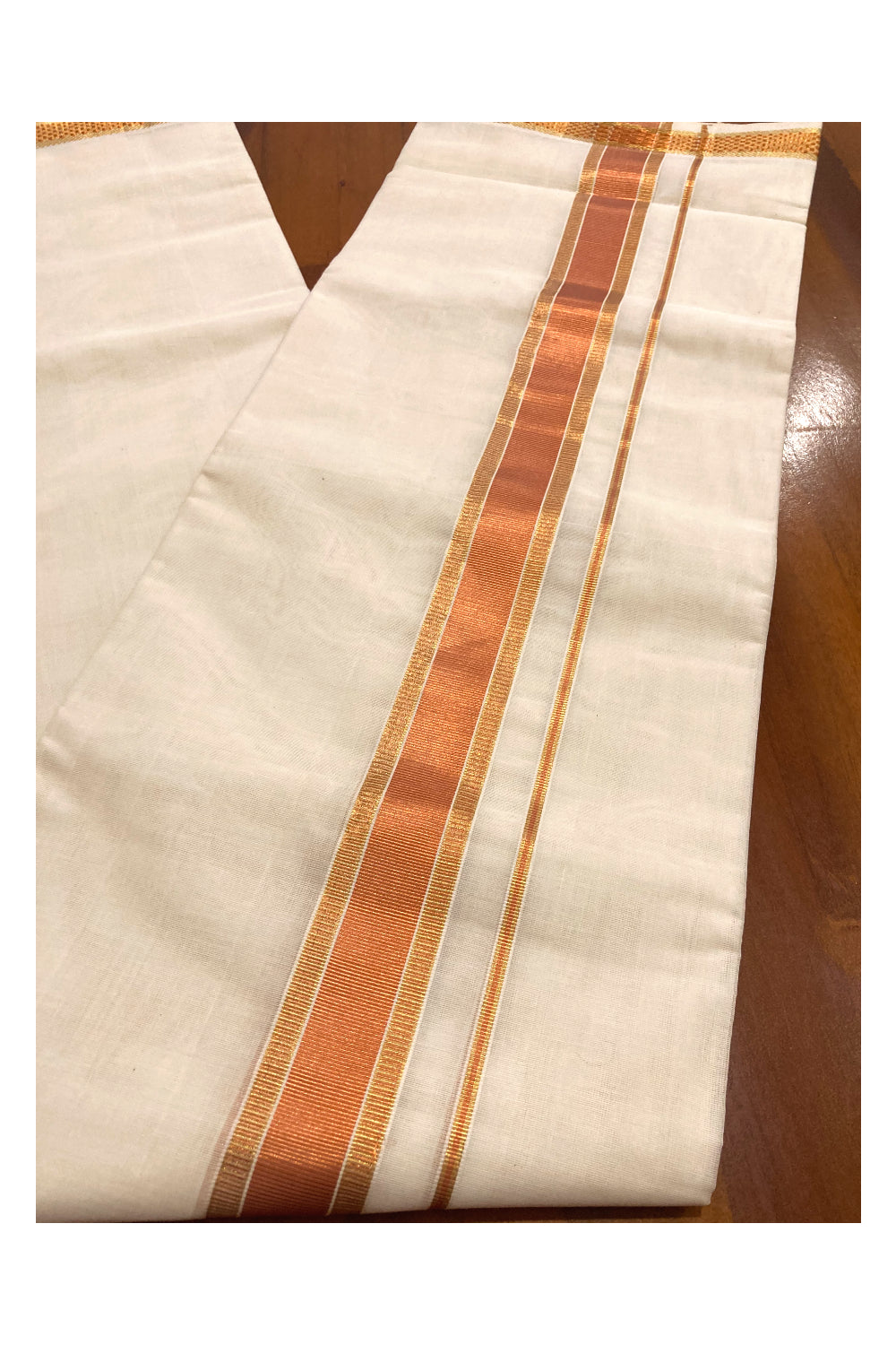 Southloom Premium Handloom Pure Cotton Mundu with Golden and Copper Kasavu Design Border (South Indian Dhoti)