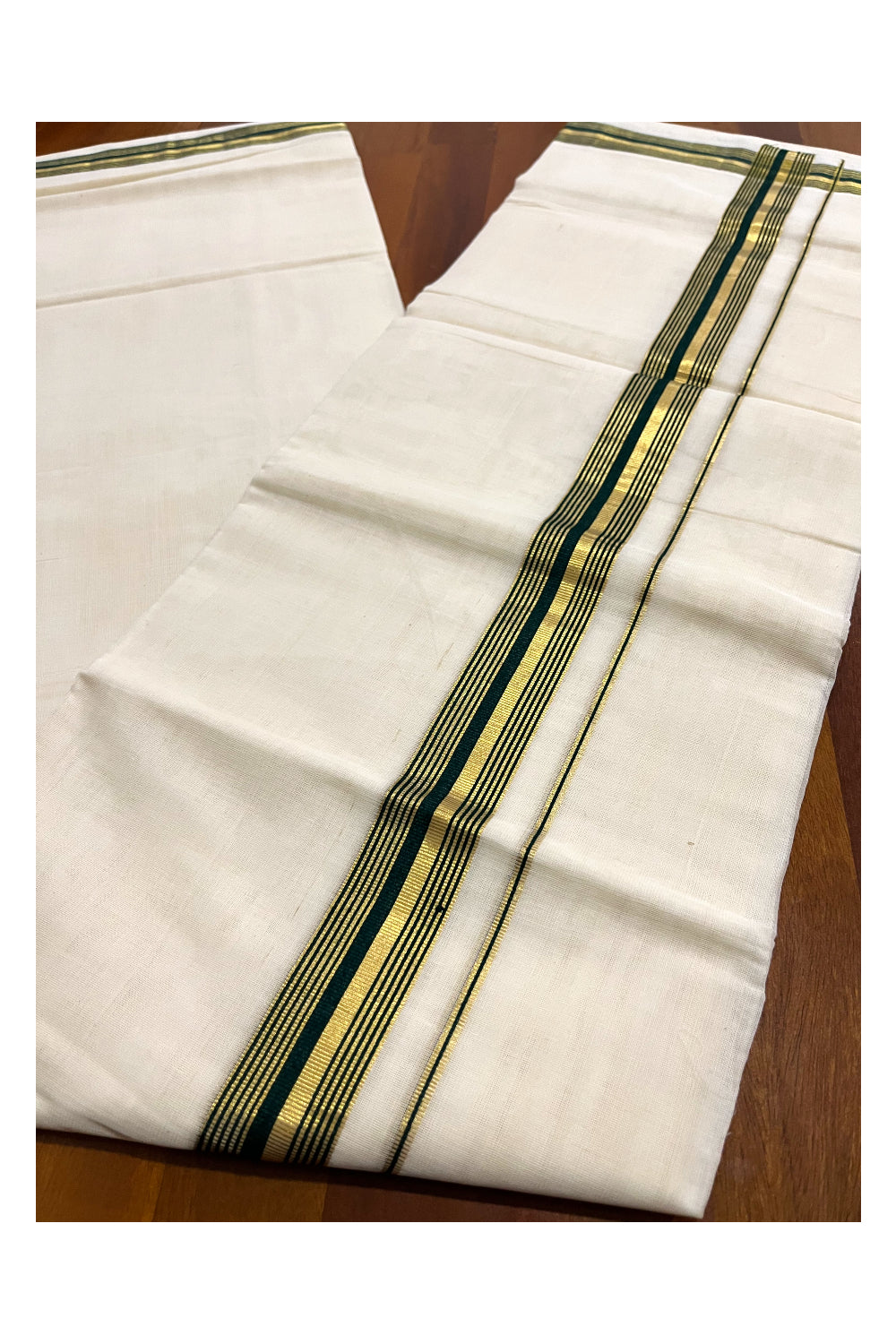 Southloom Premium Handloom Pure Cotton Mundu with Green and Kasavu Border (South Indian Dhoti)