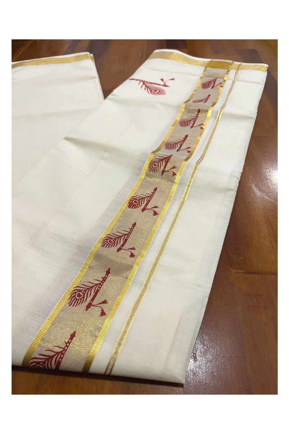 Pure Cotton Off White Double Mundu with Orange Block Prints on Kasavu Kara (South Indian Dhoti)