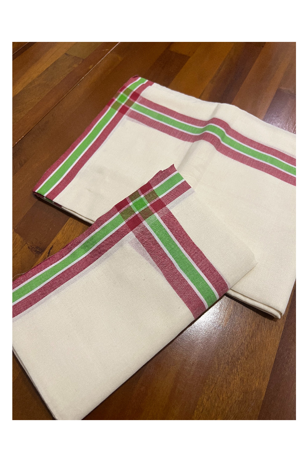 Kerala Cotton Mundum Neriyathum Single (Set Mundu) with Red and Light Green Mulloth Border (Extra Soft Cotton)