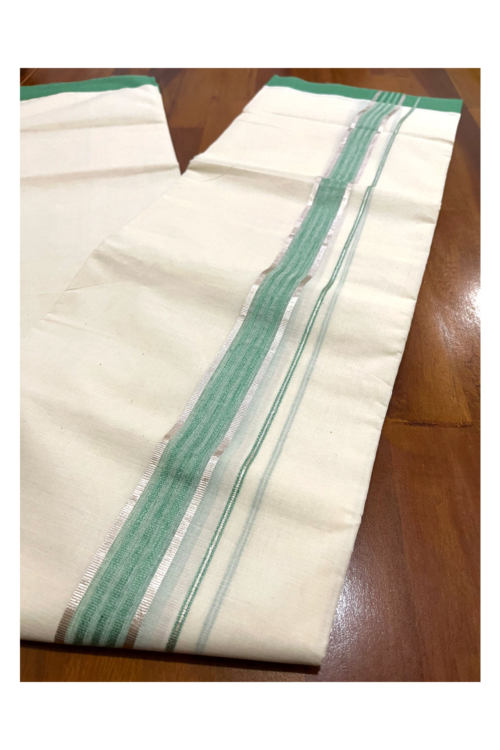 Pure Cotton Off White Double Mundu with Silver Kasavu and Green Border (South Indian Dhoti)