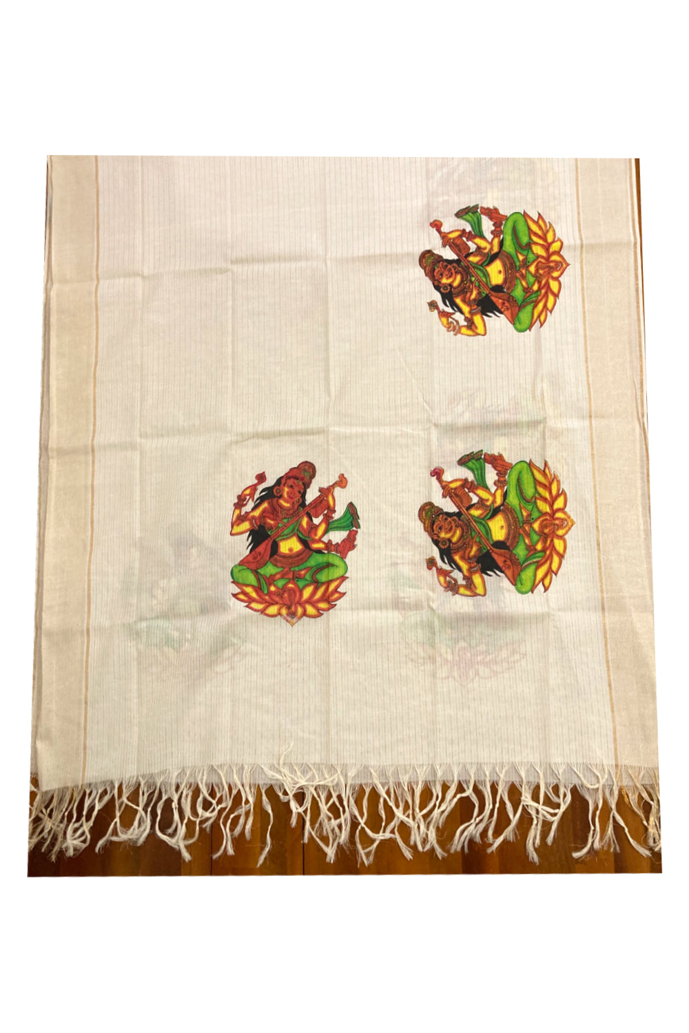 Kerala Cotton Kasavu Churidar Salwar Material with Mural Printed Devi Design (include Lines Printed Shawl / Dupatta)