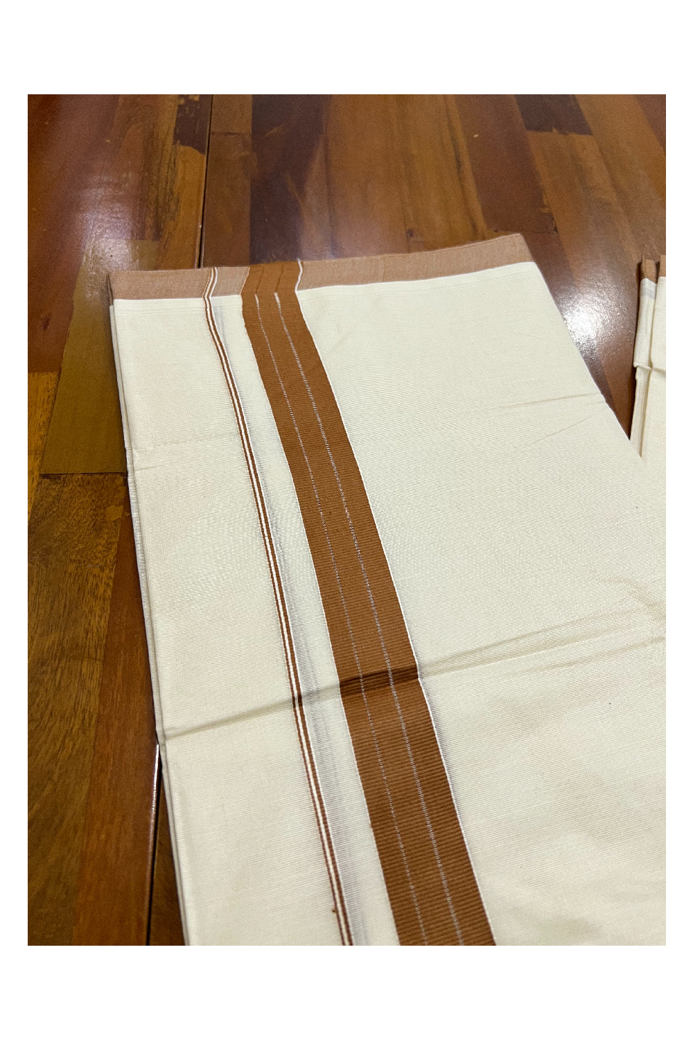 Pure Cotton Off White Double Mundu with Brown Border (South Indian Dhoti)