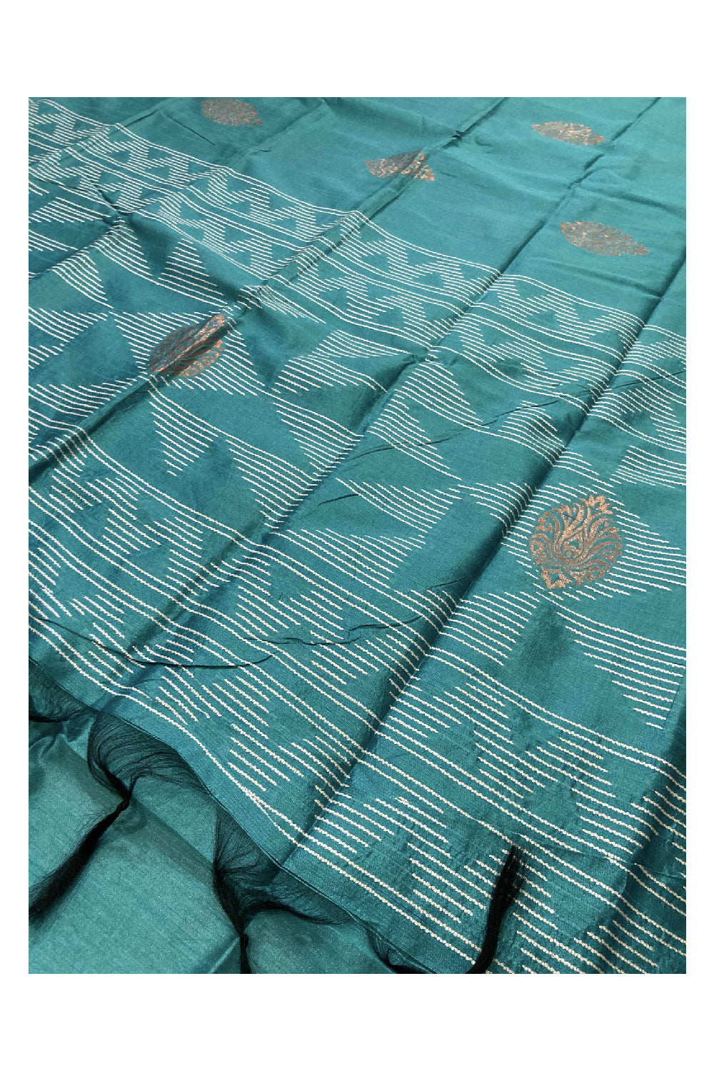 Southloom Turquoise Semi Tussar Thread Work Designer Saree with Tassels