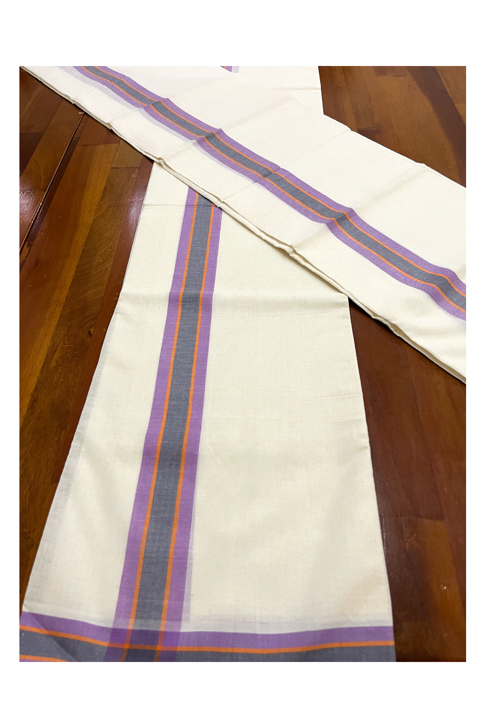 Kerala Cotton Mundum Neriyathum Single (Set Mundu) with Violet and Black Mulloth Border (Extra Soft Cotton)