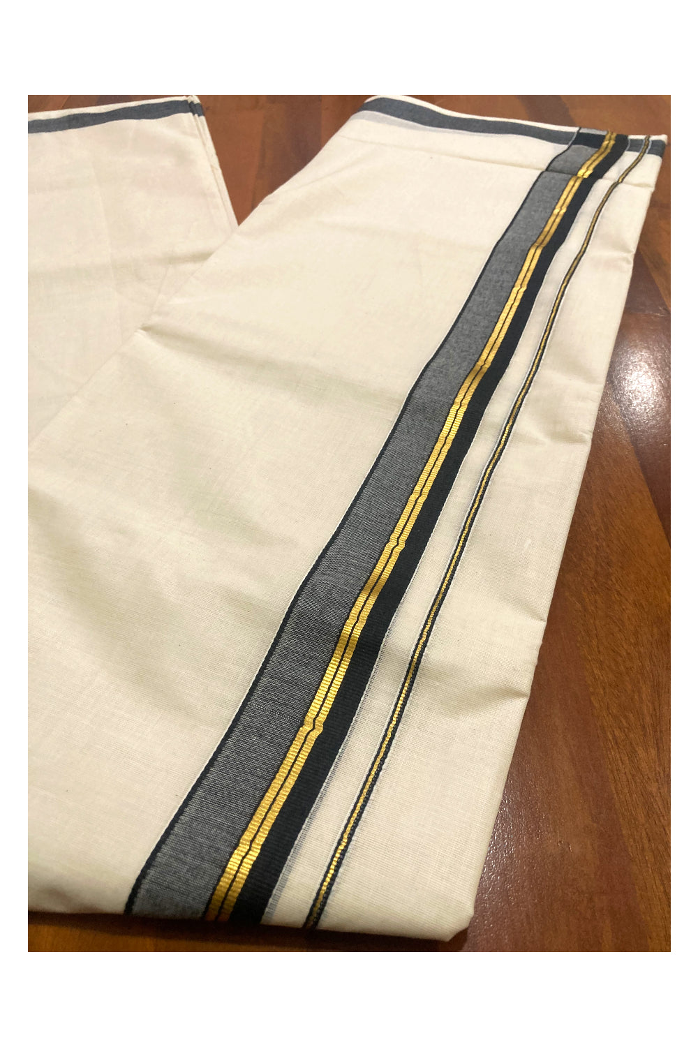 Pure Cotton Kerala Double Mundu with Kasavu and Black Border (South Indian Dhoti)