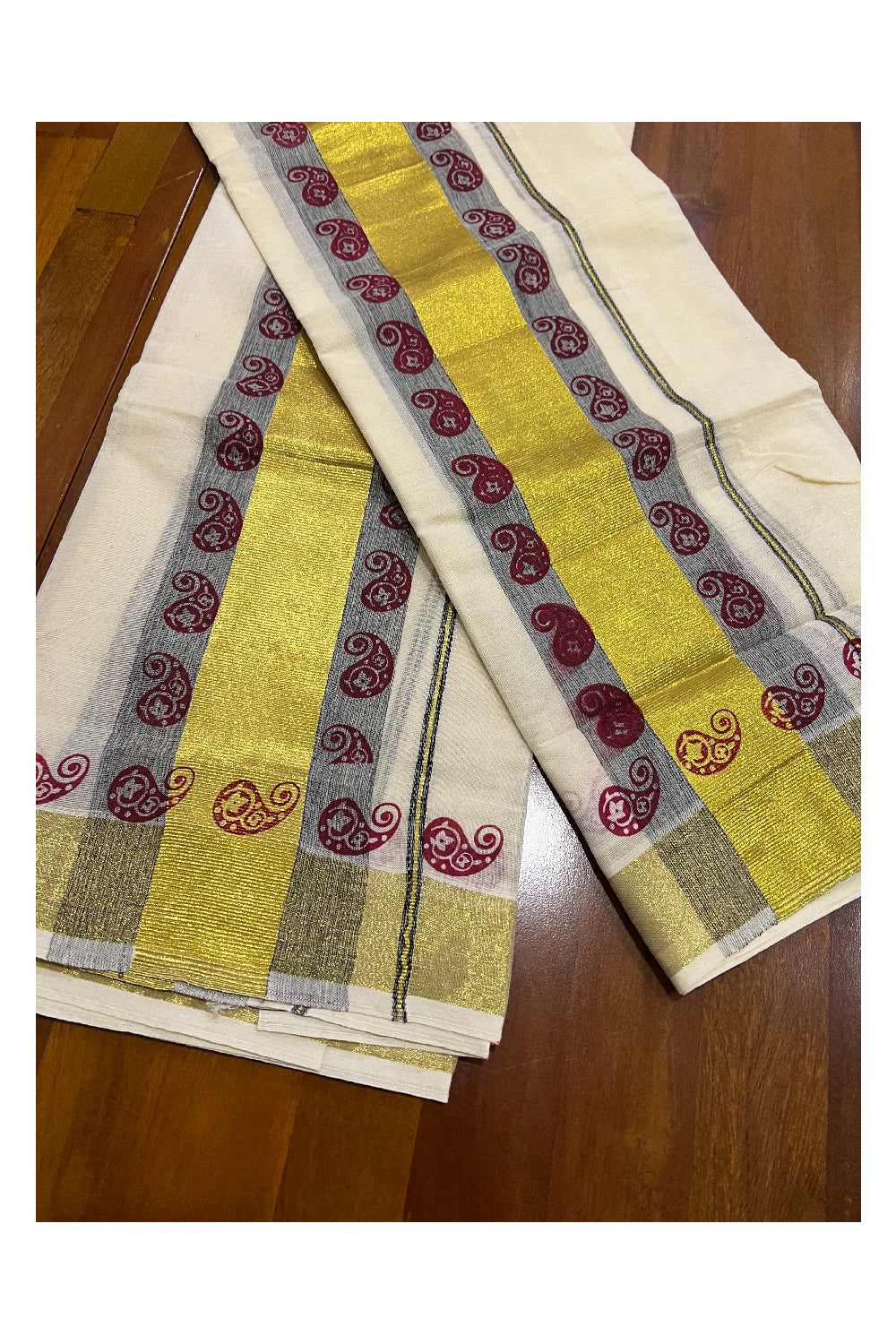 Pure Cotton Kasavu Set Mundu (Mundum Neriyathum) with Maroon Paisley Block Prints on Border