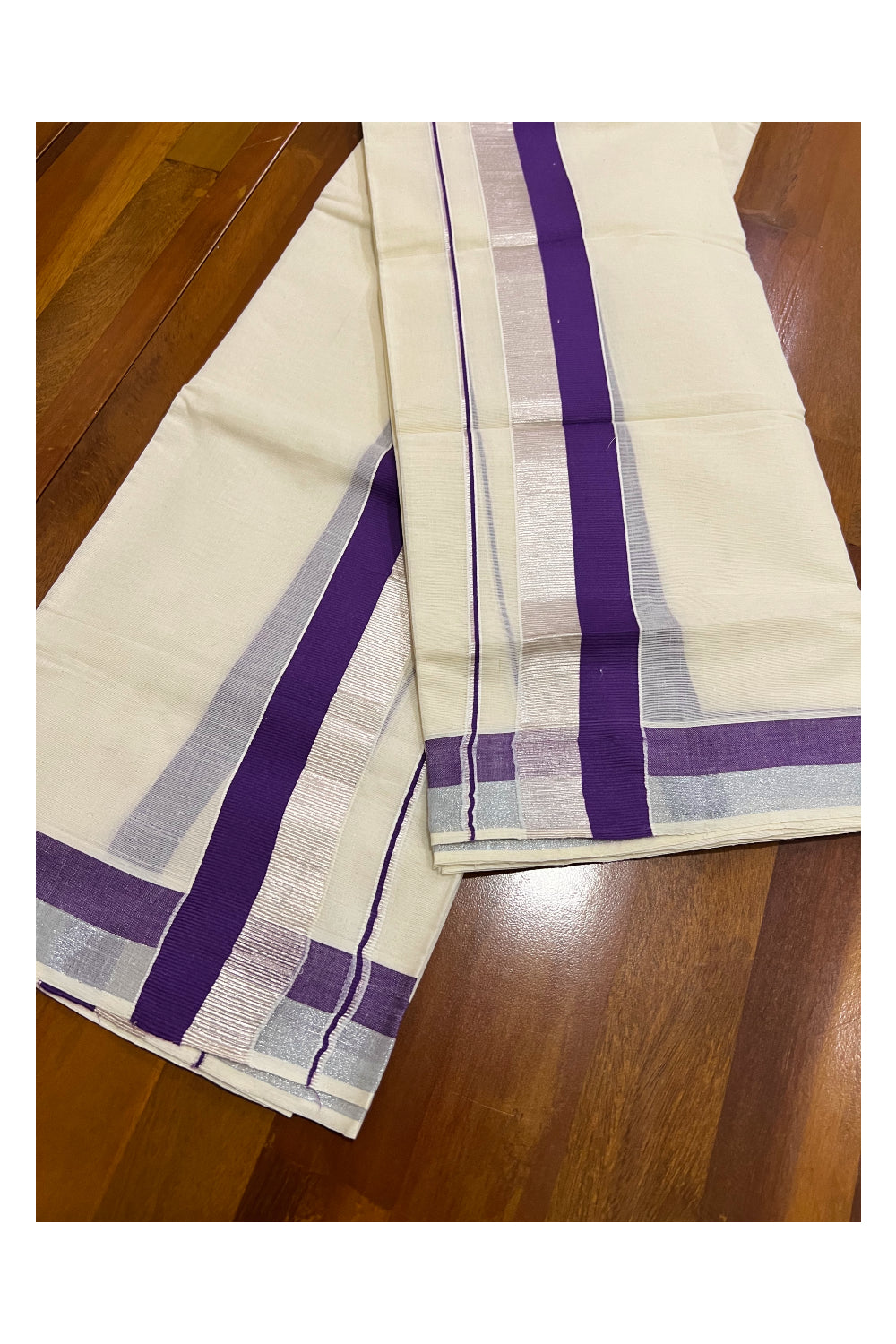 Pure Cotton Kerala Single Set Mundu (Mundum Neriyathum) with Violet and Silver Kasavu Border 2.80 Mtrs