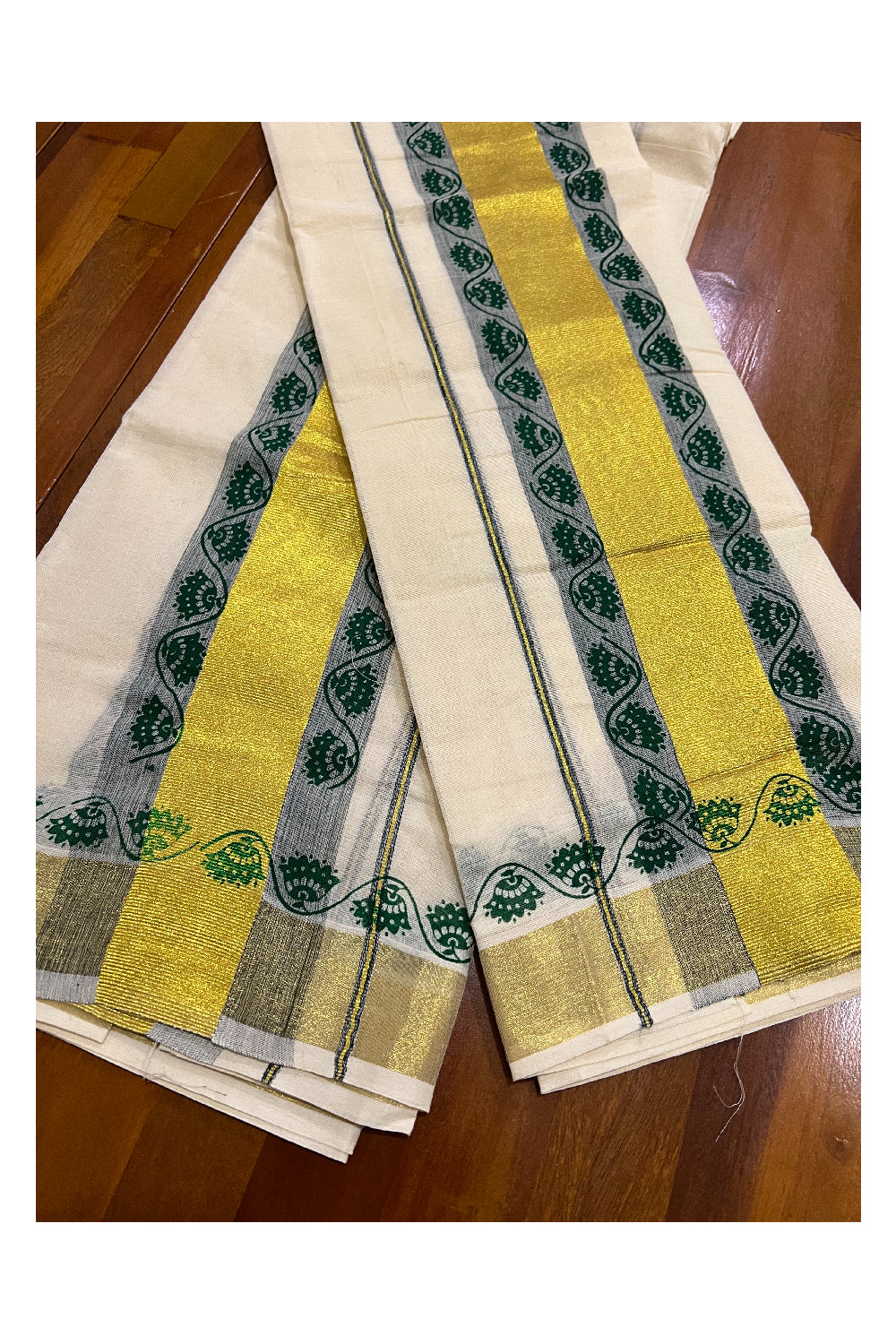 Pure Cotton Kasavu Set Mundu (Mundum Neriyathum) with Green Floral Block Prints on Border