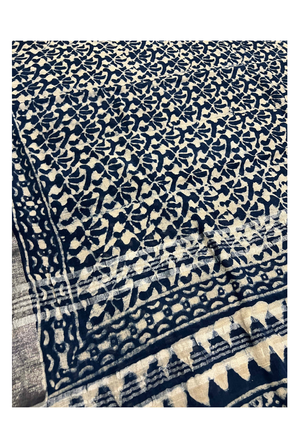 Southloom Linen Designer Saree with White Prints on Blue Body and Tassels on Pallu