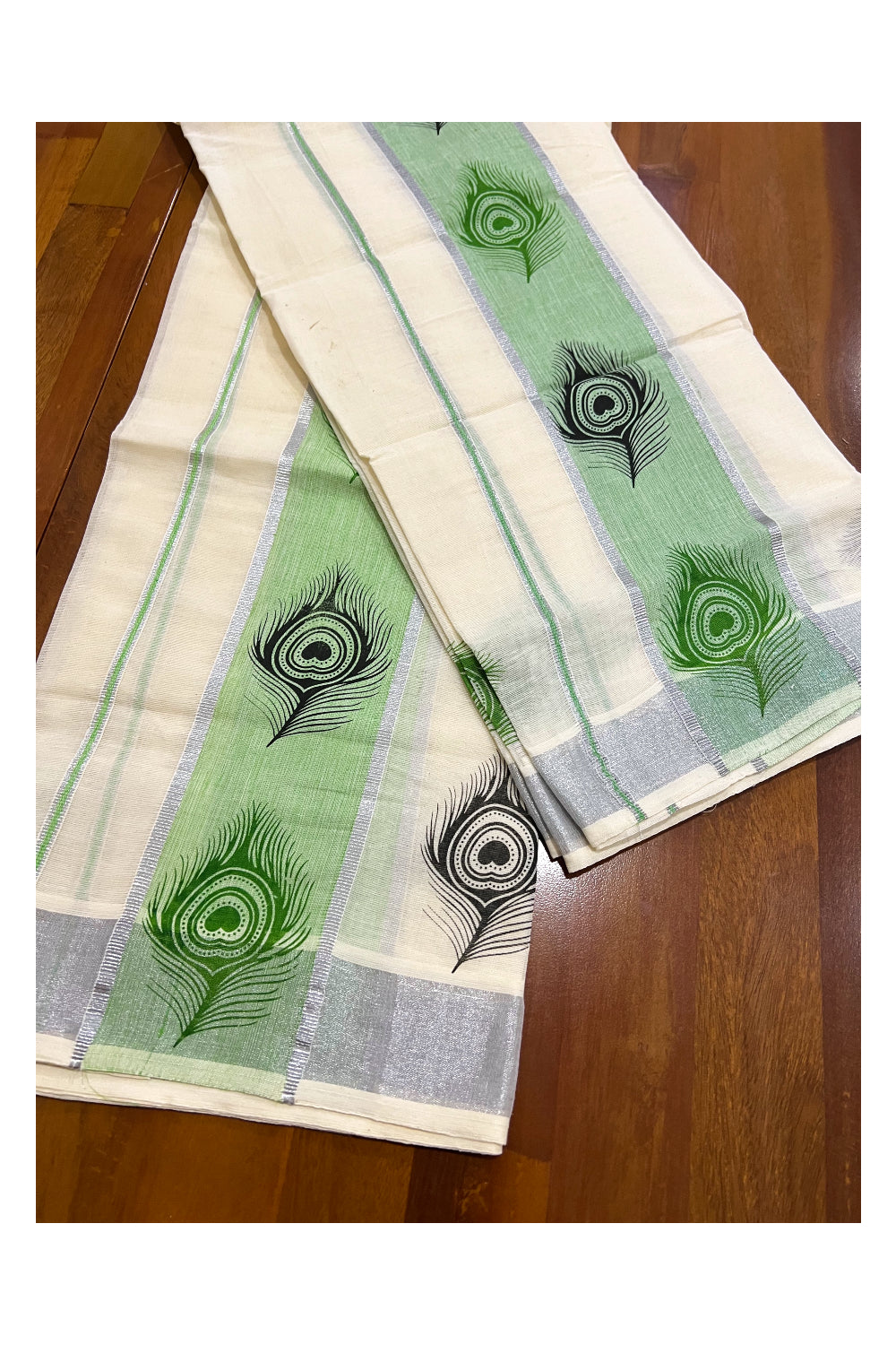 Kerala Cotton SIlver Kasavu Set Mundu (Mundum Neriyathum) with Light Green and Black Feather Block Prints on Light Green Border