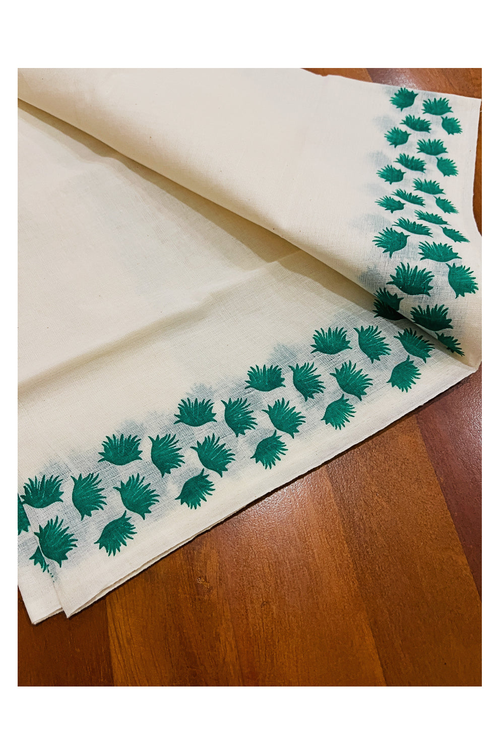 Kerala Cotton Single Set Mundu (Mundum Neriyathum) with Green Block Prints on Border