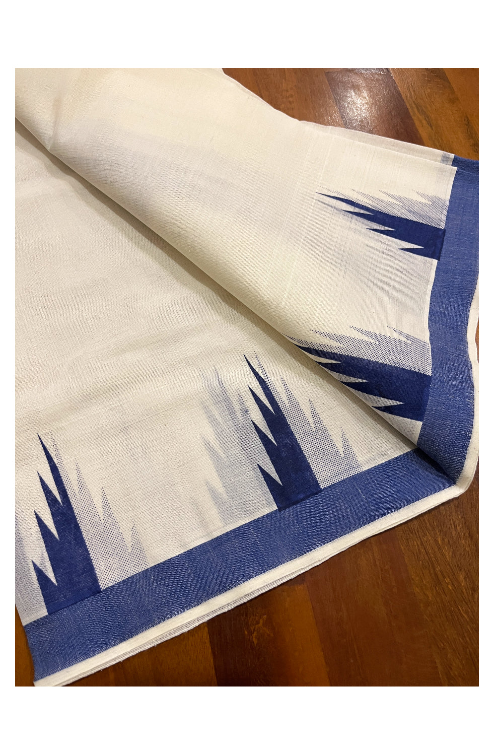 Kerala Cotton Set Mundu (Mundum Neriyathum) with Blue Temple Works on Border