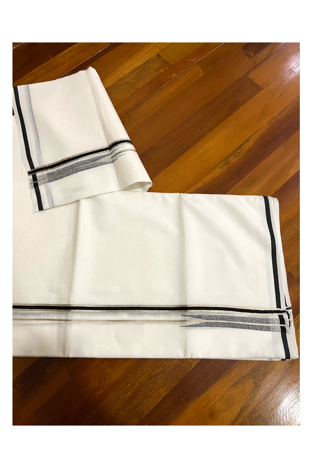 Pure White Cotton Double Mundu with Silver Kasavu and Black Chutti Border (South Indian Dhoti)