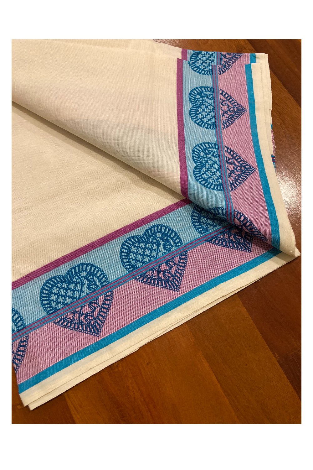 Kerala Cotton Set Mundu (Mundum Neriyathum) with Blue Floral Block Prints on Magenta Blue Border