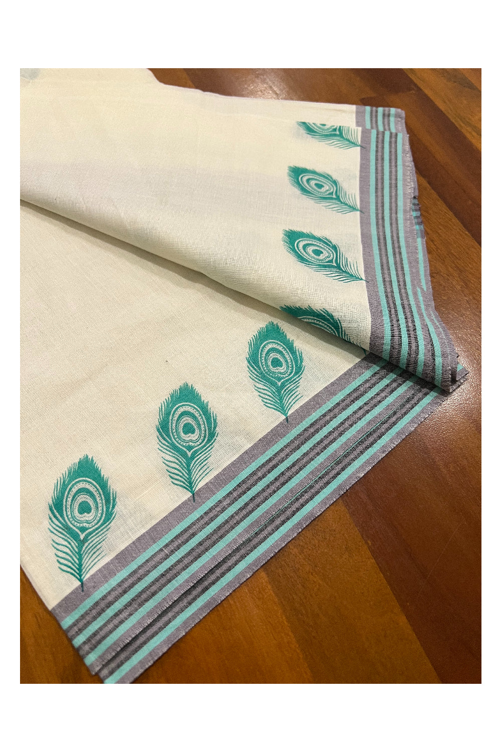 Pure Cotton Set Mundu (Mundum Neriyathum) with Turquoise Feather Block Prints on Grey and Turquoise Border