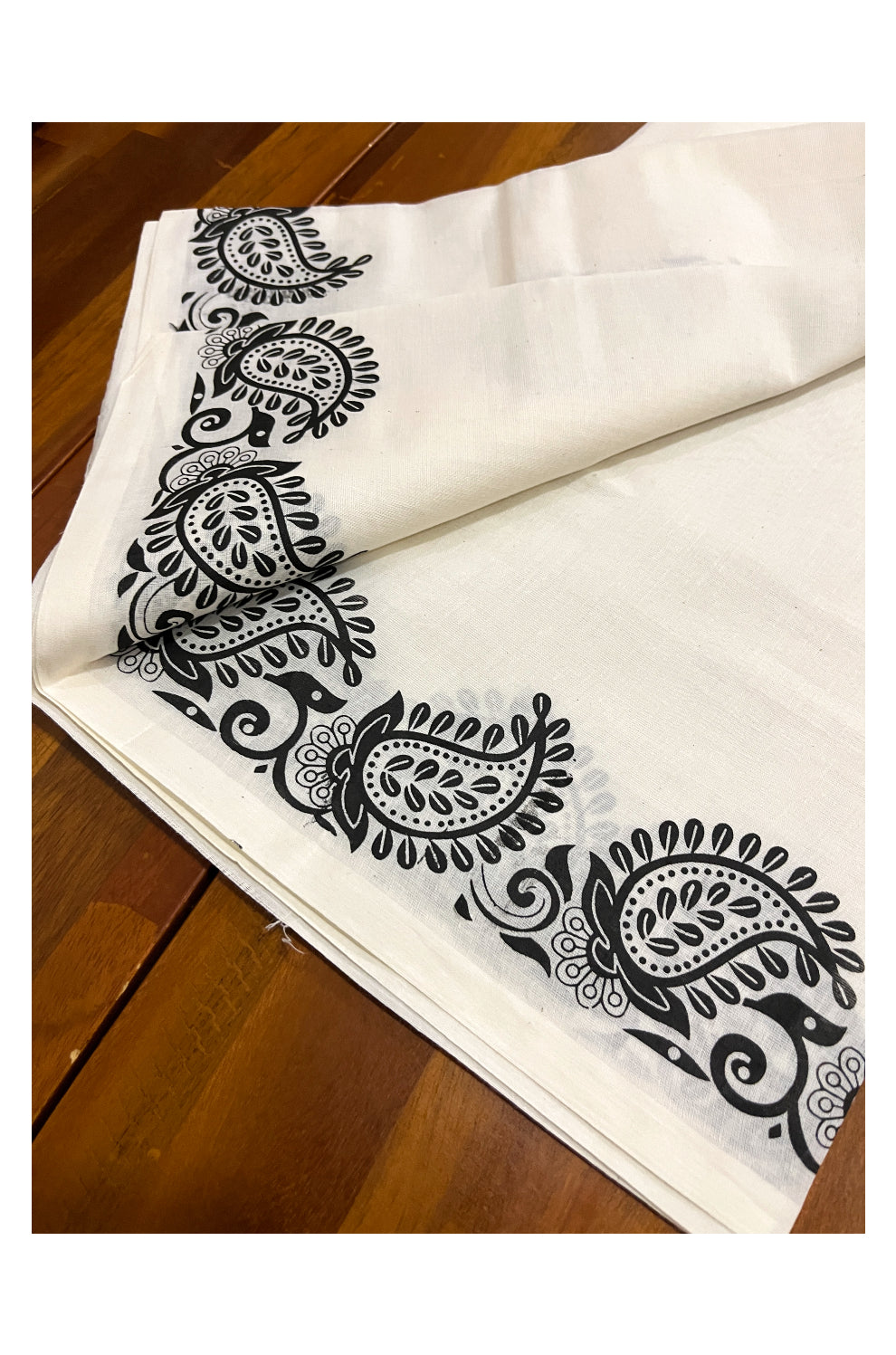 Kerala Cotton Set Mundu (Mundum Neriyathum) with Black Paisley Block Prints on Border 2.80 Mtrs