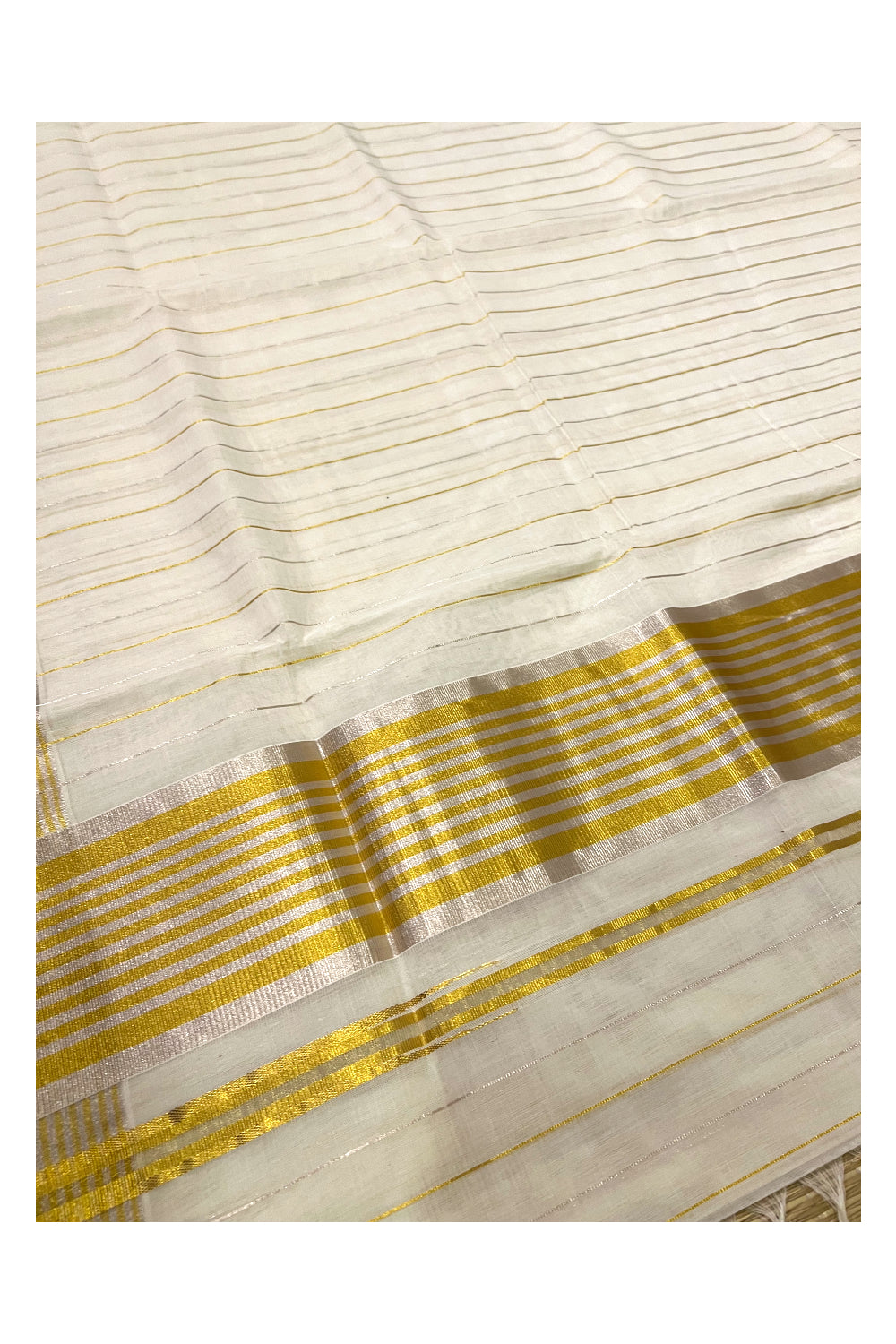 Southloom™ Premium Handloom Kasavu Saree with Silver and Golden Kasavu Lines Across Body