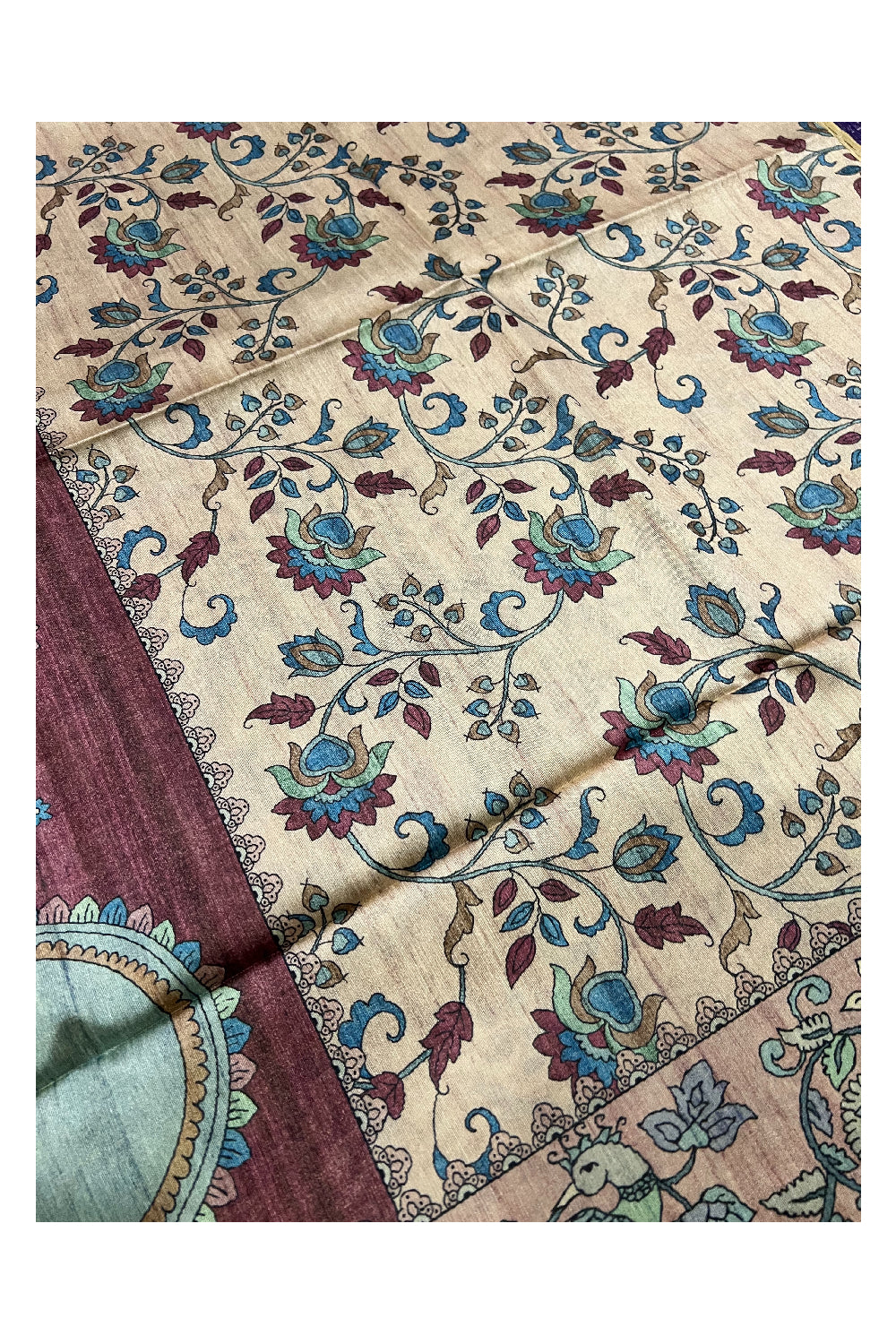 Southloom Tussar Silk Kalamkari Design Vishu Themed Krishna Radha Saree