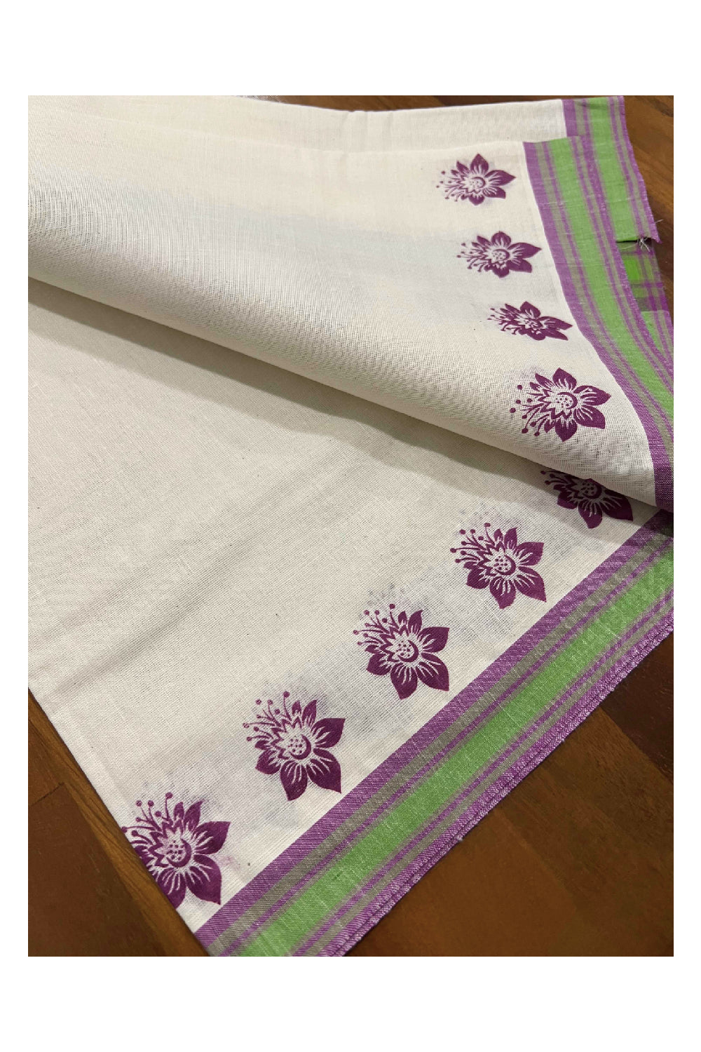 Kerala Cotton Mulloth Mundum Neriyathum Single (Set Mundu) with Magenta Floral Block Print Border (Extra Soft Cotton)