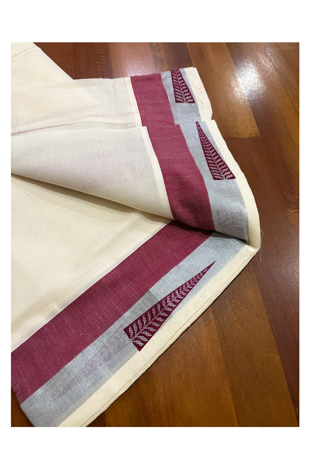 Pure Cotton SIlver Kasavu Single Set Mundu (Mundum Neriyathum Onam 2023) with Maroon Block Prints 2.80 Mtrs