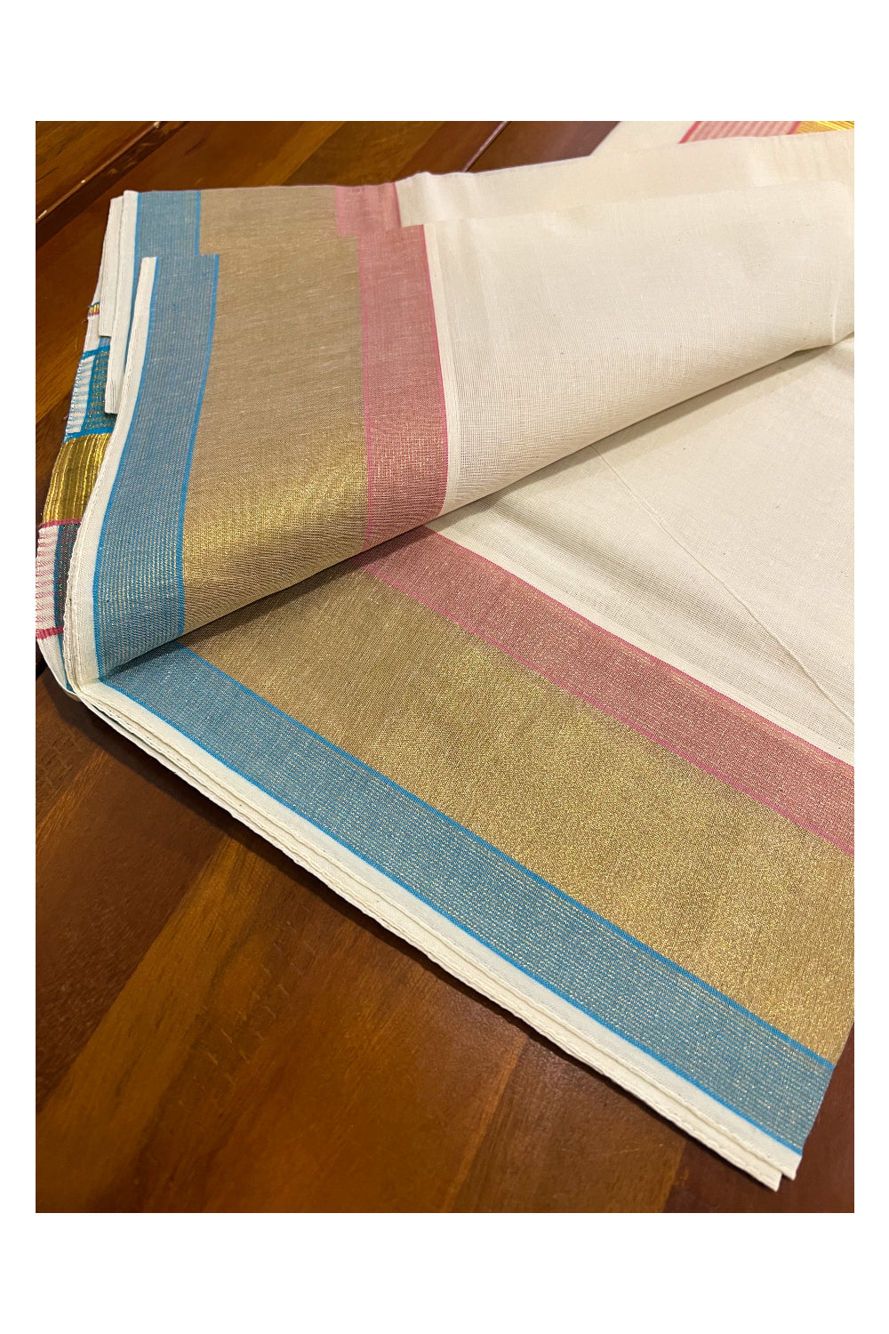 Kerala Cotton Single Set Mundu (Mundum Neriyathum) with Light Blue and Pink Lines and Kasavu Border