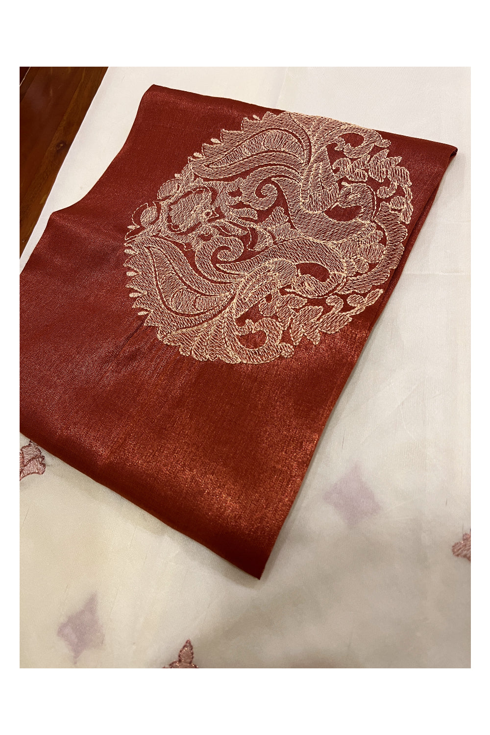 Kerala Cotton Copper Kasavu Thread Work Pavada and Copper Blouse Material for Kids/Girls 4.3 Meters